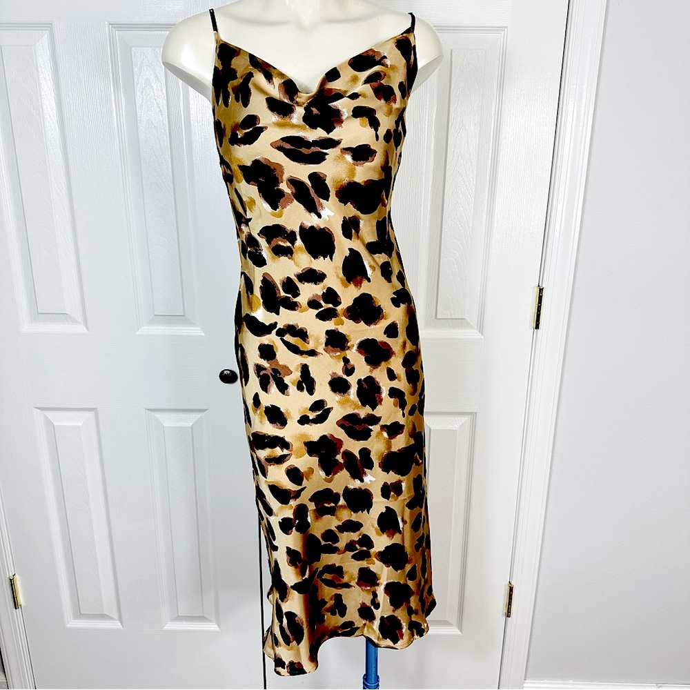 FOREVER 21 Dress ANIMAL PRINT dress PARTY DRESS slip dress flouncy tan black S - Picture 2 of 9